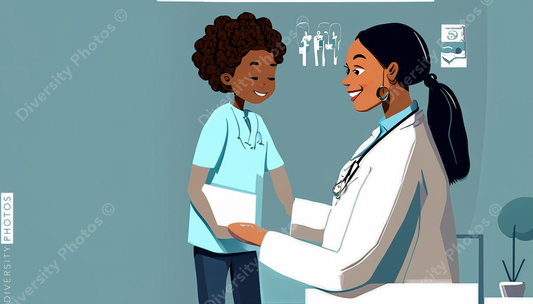 illustration of a confident Black pediatrician doctor in a white lab coat consulting and hel (2)