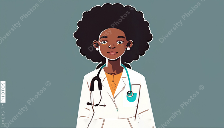 illustration of a confident Black pediatrician doctor with big afro 82587
