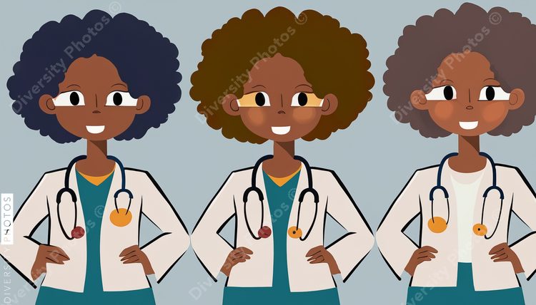 illustration of three confident Black pediatrician doctor with big afro in different poses s (2)