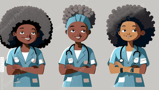 illustration of three confident Black pediatrician doctor with big gray afro in different po
