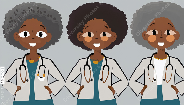 illustration of three confident Black pediatrician doctor with big gray afro in different po (1)