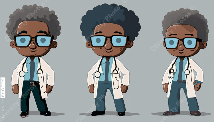 illustration of three confident Black pediatrician doctor with big gray afro wearing glasse (3)