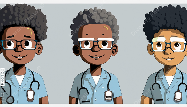 illustration of three confident Black pediatrician doctor with big gray afro wearing glasse (4)