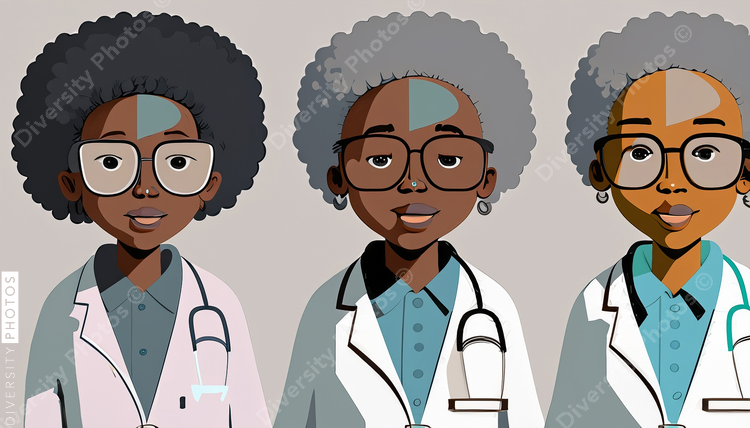 illustration of three confident Black pediatrician doctors with big gray afro wearing glass (2)