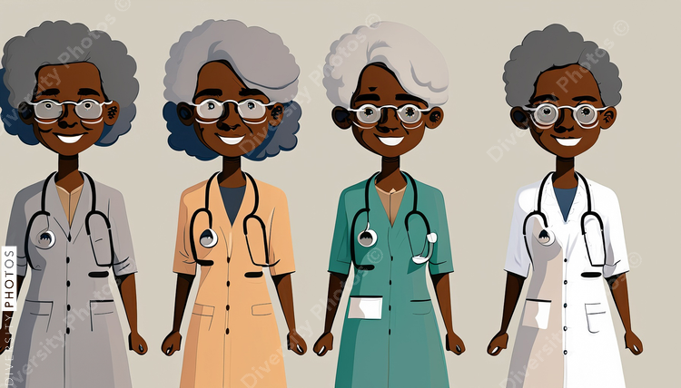 illustration of three confident Black pediatrician doctors with gray hair wearing glasses  (1)