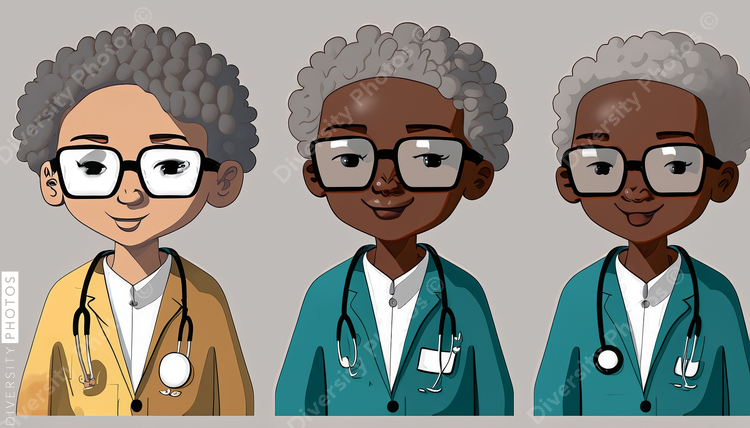 illustration of three confident Black pediatrician doctors with gray hair wearing glasses  (2)