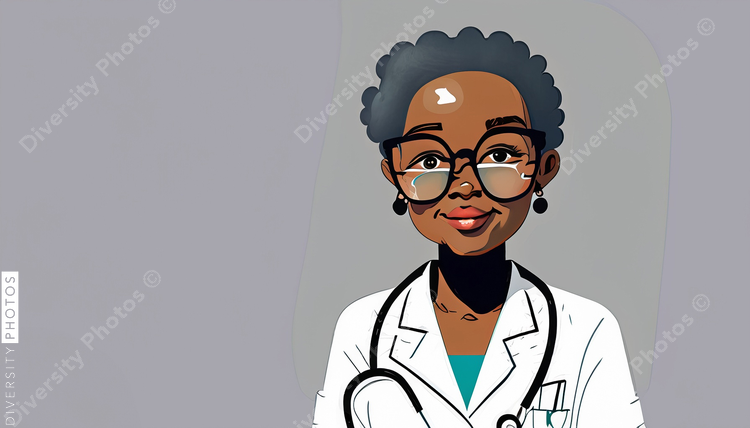 illustration of a confident Black pediatrician doctor with gray hair wearing glasses 69084