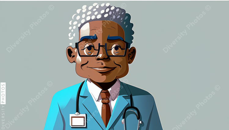 illustration of a confident Black pediatrician doctor with gray hair wearing glasses 48469