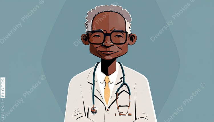 illustration of a confident Black pediatrician doctor with gray hair wearing glasses 76467