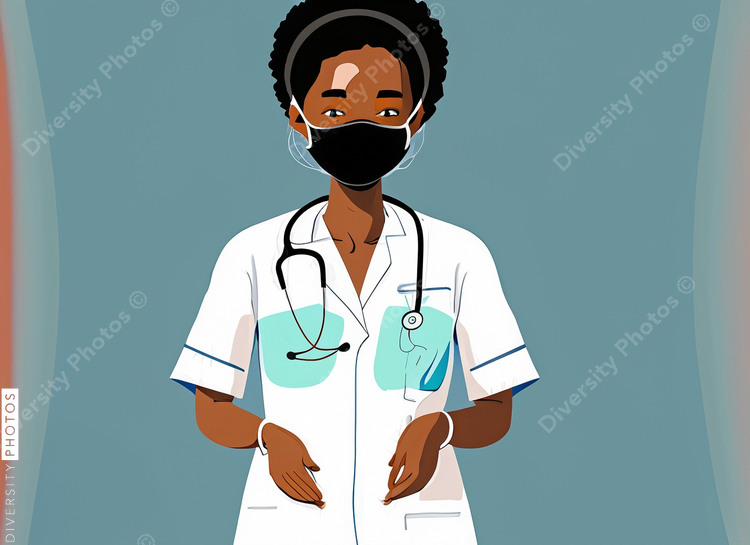 illustration of a black woman doctor putting on surgical mask 62316