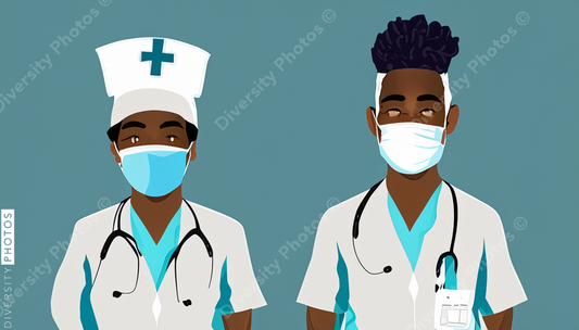 illustration of a black nurse and hispanic doctor wearing surgical mask 86098