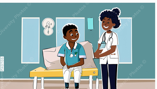 illustration of a black nurse and hispanic doctor consulting kid patient 86098