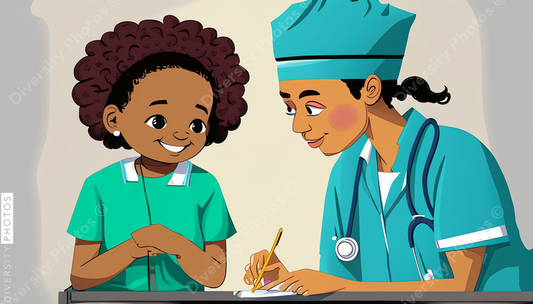 illustration of a black nurse and hispanic doctor consulting kid patient 65230