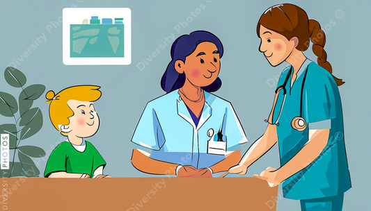 illustration of a nurse and hispanic doctor consulting kid patient 12554