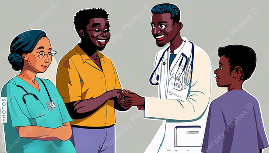 illustration of a nurse and Black doctor consulting patient family 72357