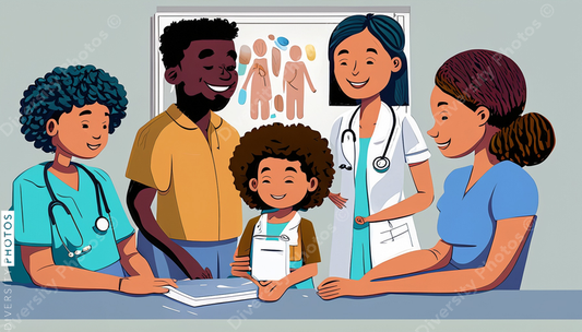 illustration of a nurse and Black doctor consulting family 72357