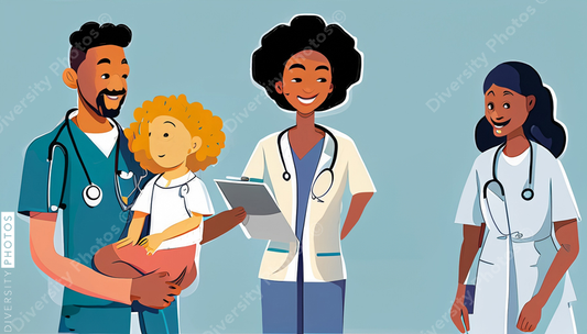 illustration of a nurse and Black doctor consulting family 81813