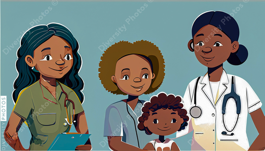 illustration of a nurse and Black doctor consulting family 60188