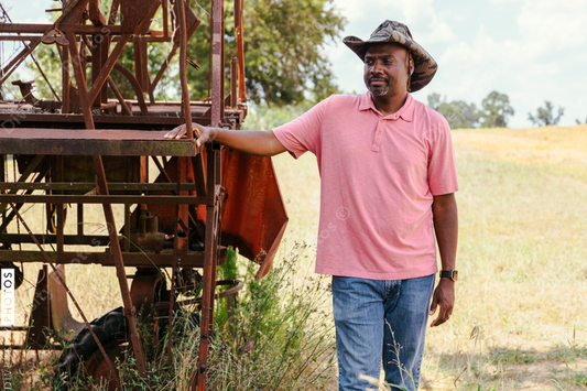 Black farmer and vintage tobacco machine