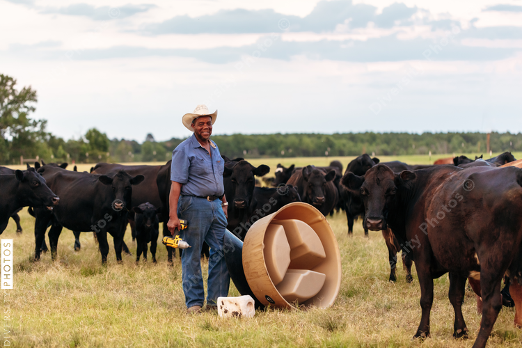 Farmer repairs cattle feeder on rural farm