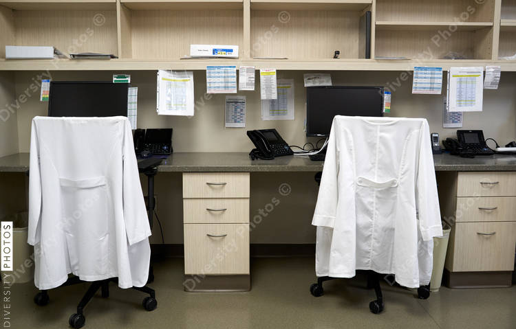 Pharmaceutical office space with  lab-coat and no people