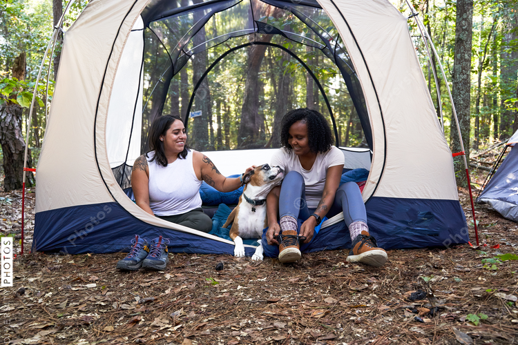 Diverse female friends camping in tent in the woods