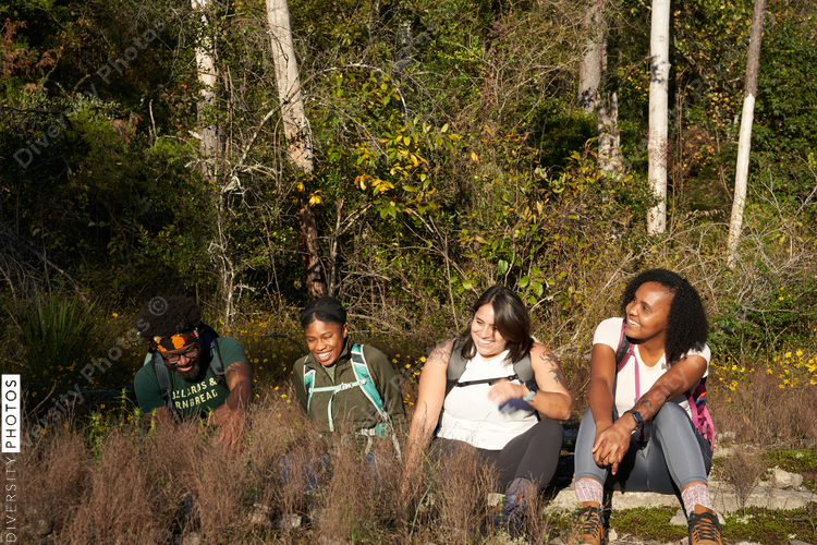 Diverse group of friends outdoors on hiking trail