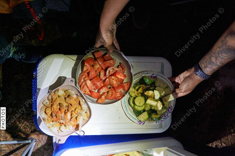 Fresh cut vegetables and shrimp for kabobs
