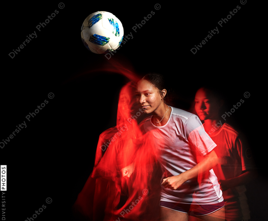 Young female soccer player in motion colorful portrait