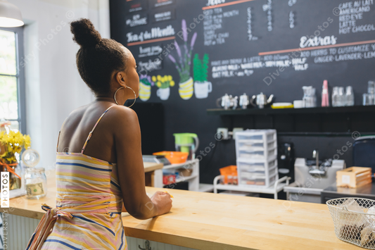 Back view of woman at tea shop