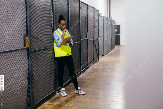 African American woman in datacenter surveying warehouse is secure