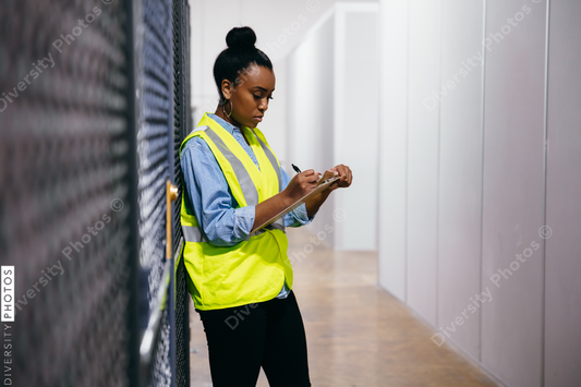 African American woman in datacenter surveying warehouse is secure