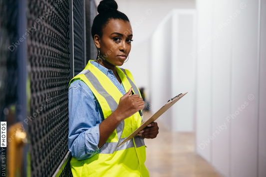 African American woman in datacenter surveying warehouse is secure