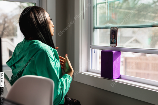 Black teen girl doing live video social media chat