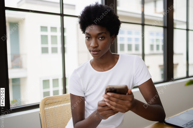 Black Business woman using smart phone in office
