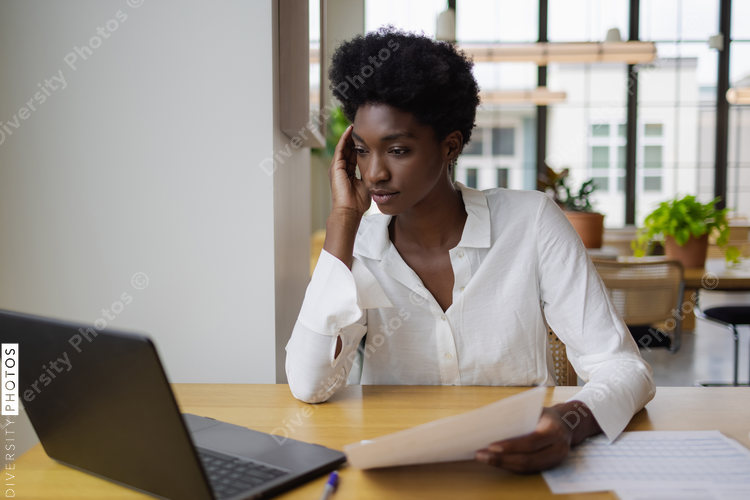 Business woman with laptop in office, Stress, Concentration 