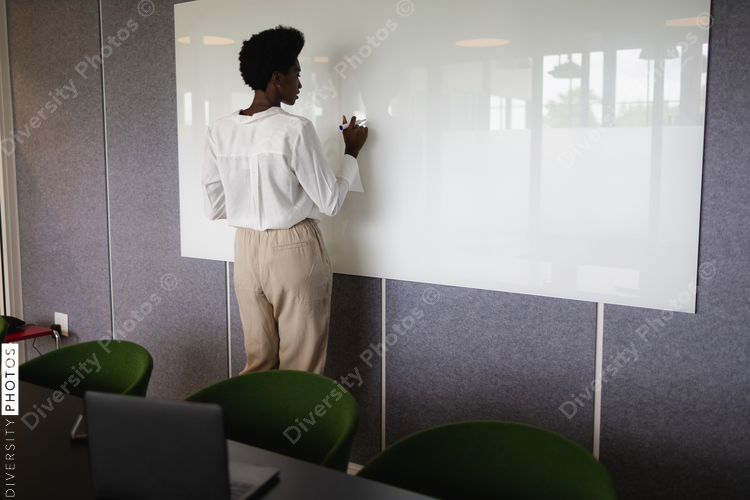 Business woman writing on whiteboard
