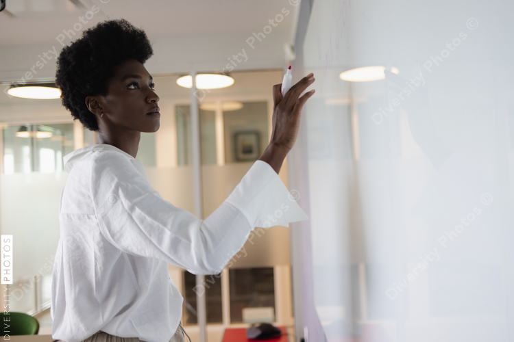 Business woman writing on whiteboard