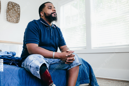 Black man, deep thought, reflection, inner peace