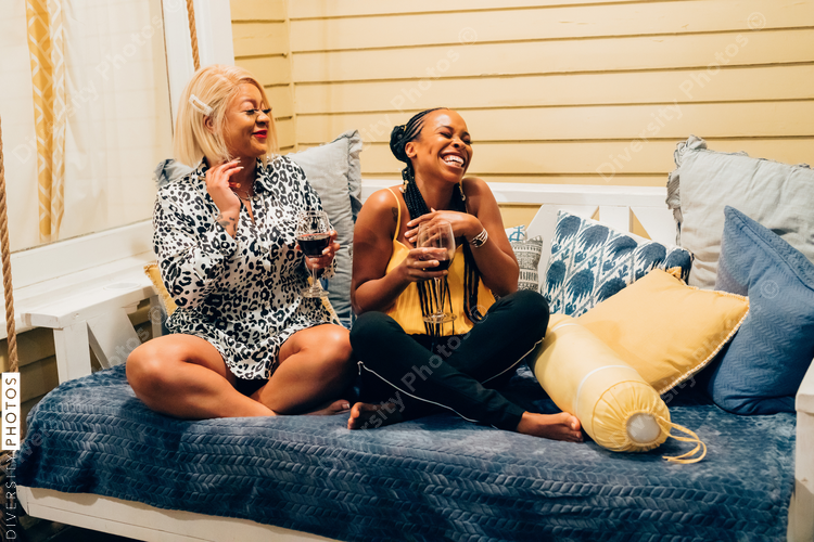 Friends talking and laughing together, self-care
