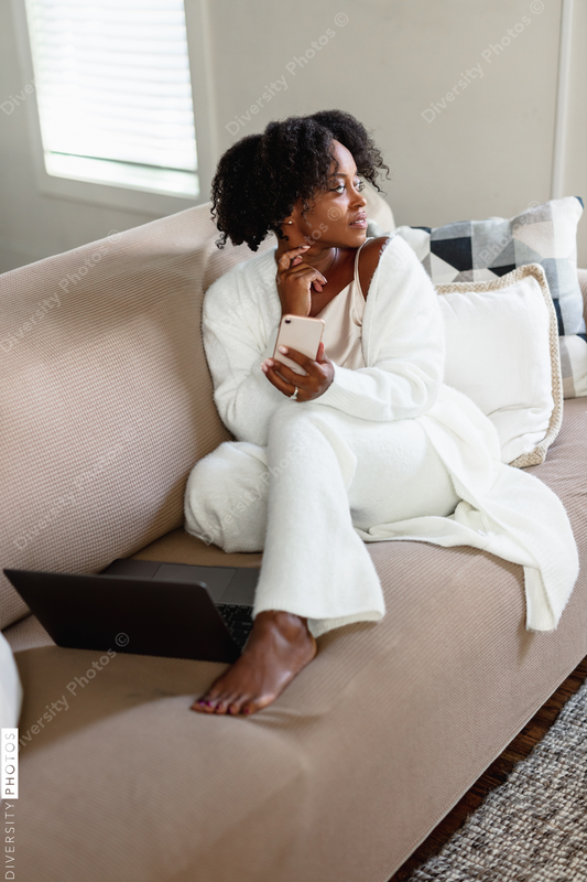 African American woman cozy and comfortable at home, weekend vibe