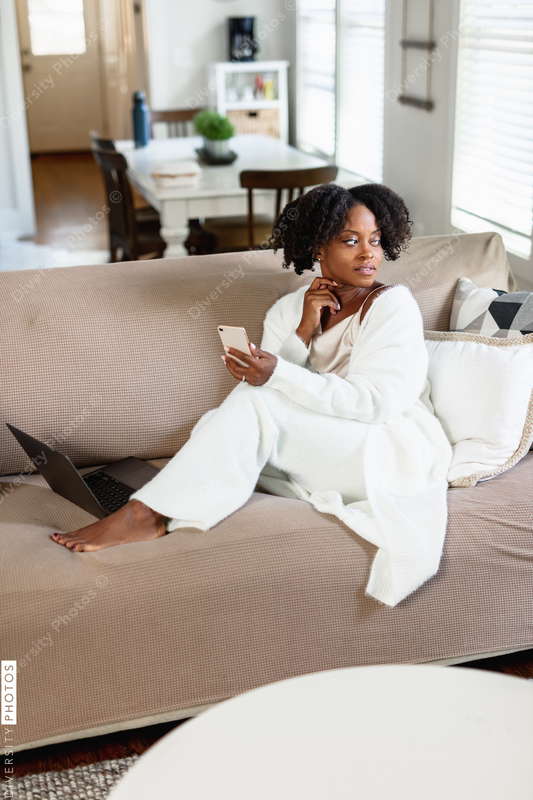 African American woman cozy and comfortable at home, weekend vibe