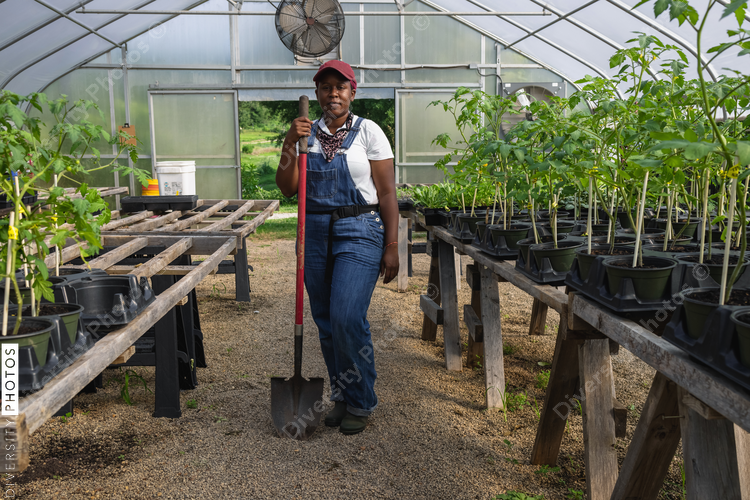 Portrait of female farmer in greenhouse
