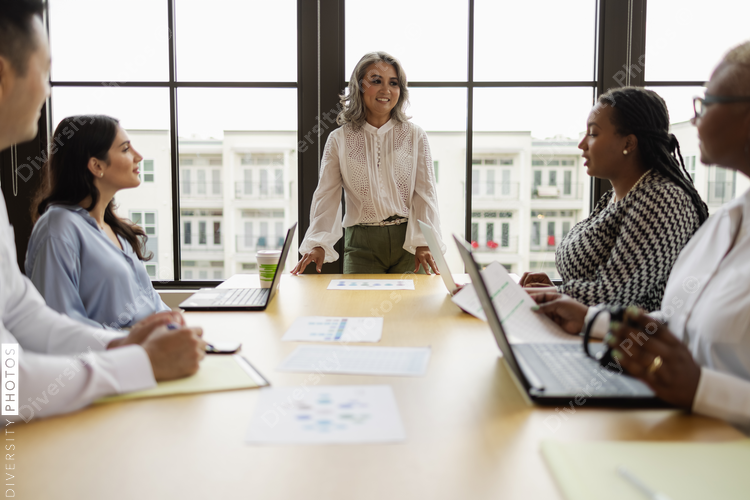 Mature Asian woman leading business team meeting