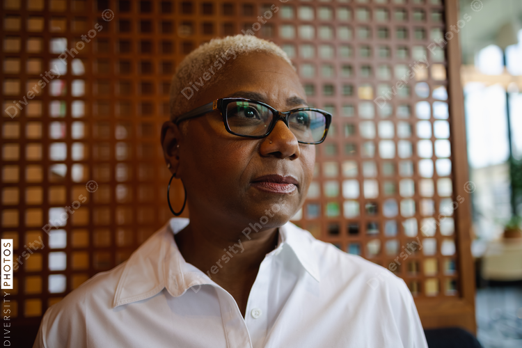 Portrait of mature Black woman, business, visionary with copy-space 