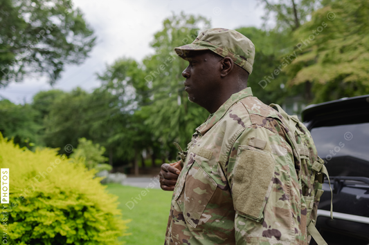 Black military man arrives home from service, active duty