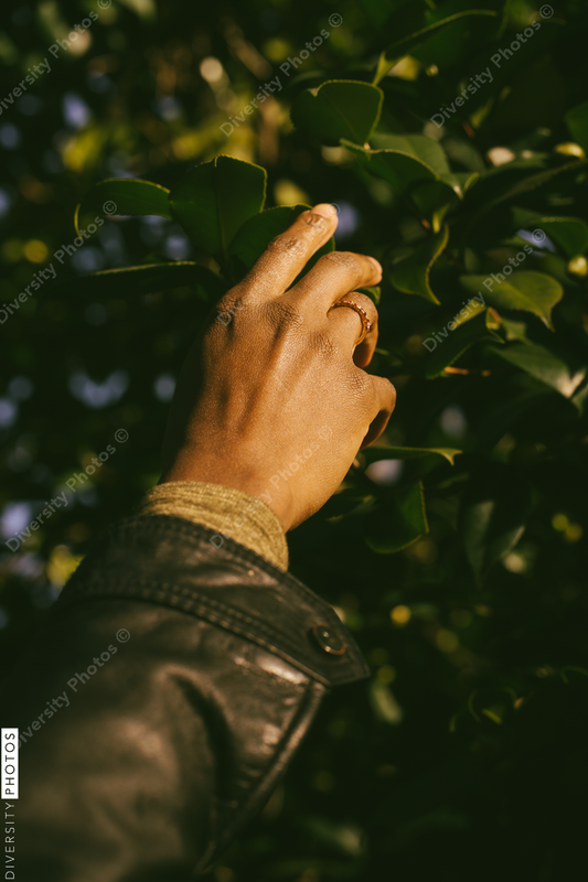 Black hands exploring nature and plants outdoors