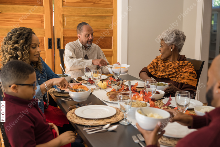 Black multigenerational family eating Thanksgiving holiday meal