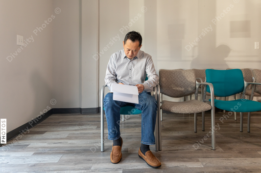 Asian man filling out patient forms at doctors office waiting area
